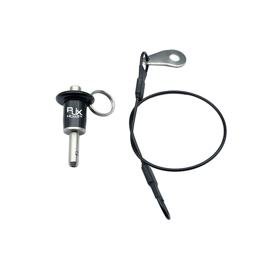 RJX stainless steel ball lock pin with ring pull handle, black RJX knob, and lanyard cable clip
