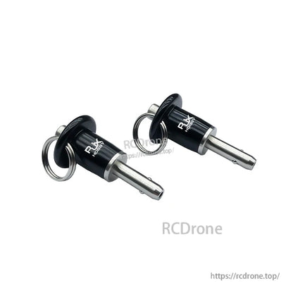 Pair of RJX stainless steel ball lock pins with black pull handles and attached split rings