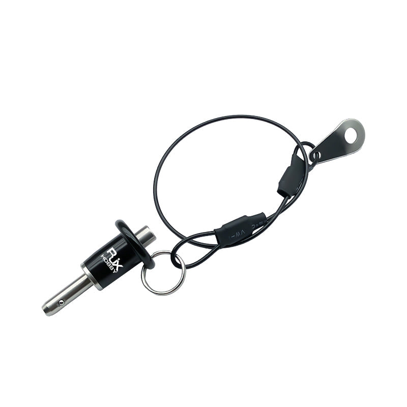 RJX stainless steel ball lock pin with black lanyard cable, split ring, and mounting tab