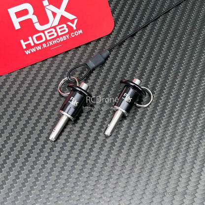 RJX Stainless Steel Ball Lock Pin, Two RJX Hobby stainless steel ball lock pins with key rings and lanyard, black handles and silver shafts