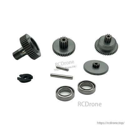 RJX standard servo gear set with multiple metal gears, two bearings, and two steel pins for replacement