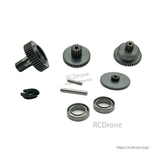RJX standard servo gear set with multiple metal gears, two bearings, and two steel pins for replacement