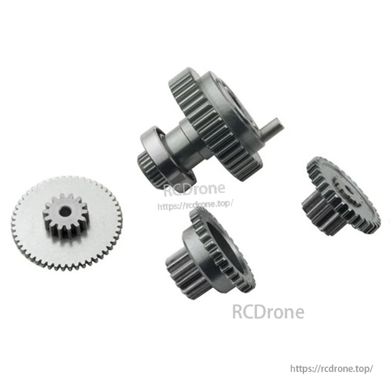 RJX standard tail servo gear set with multiple metal spur gears and pinion gears on a white background