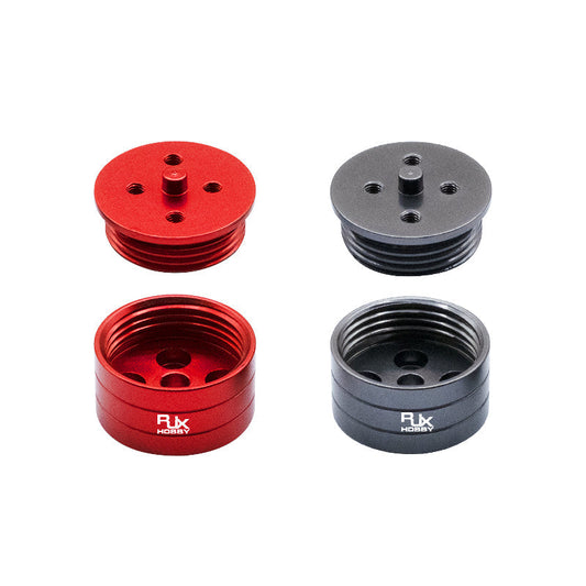 RJX Hobby quick release propeller mount adapters in red and black, with threaded caps and matching hubs