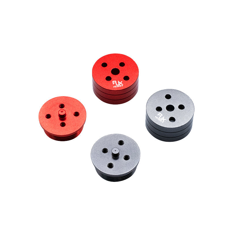 RJX RC multirotor propeller mount adapters in red and gray, round self-tightening hubs with multi-hole pattern