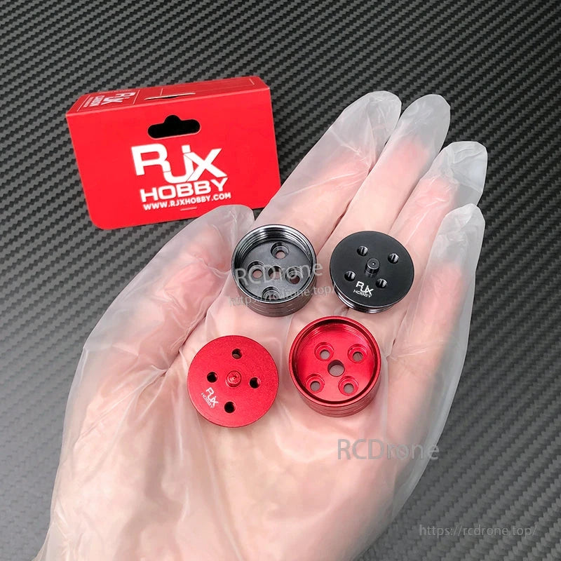 RJX Hobby quick-release propeller mount adapters in red and black, threaded RC multirotor drone prop hubs