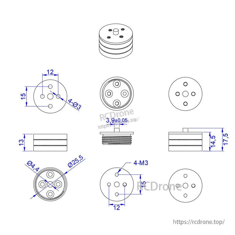 Dimension drawing of RJX quick-release propeller mount adapter with 4×M3 holes, Ø25.5 mm base and height dimensions