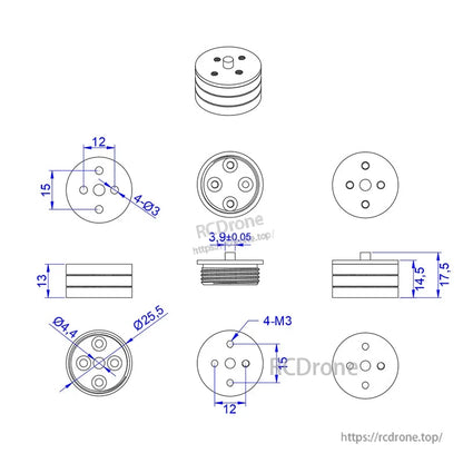 Dimension drawing of RJX quick-release propeller mount adapter with 4×M3 holes, Ø25.5 mm base and height dimensions
