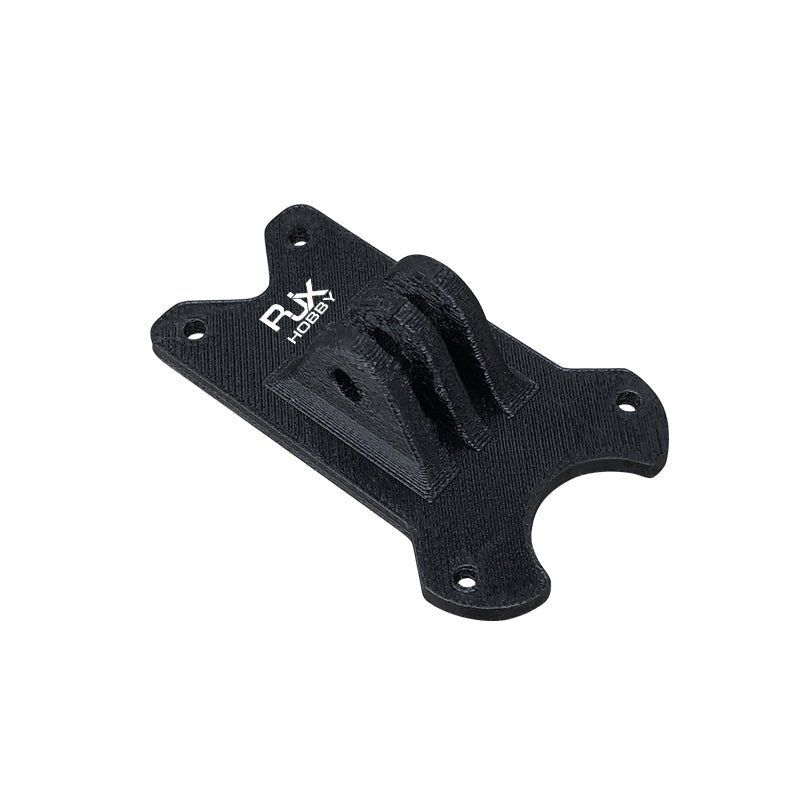 RJX TPU 3D Printed GoPro Mount, Black RJX TPU 3D printed GoPro-style mount plate with four screw holes and a raised camera tab