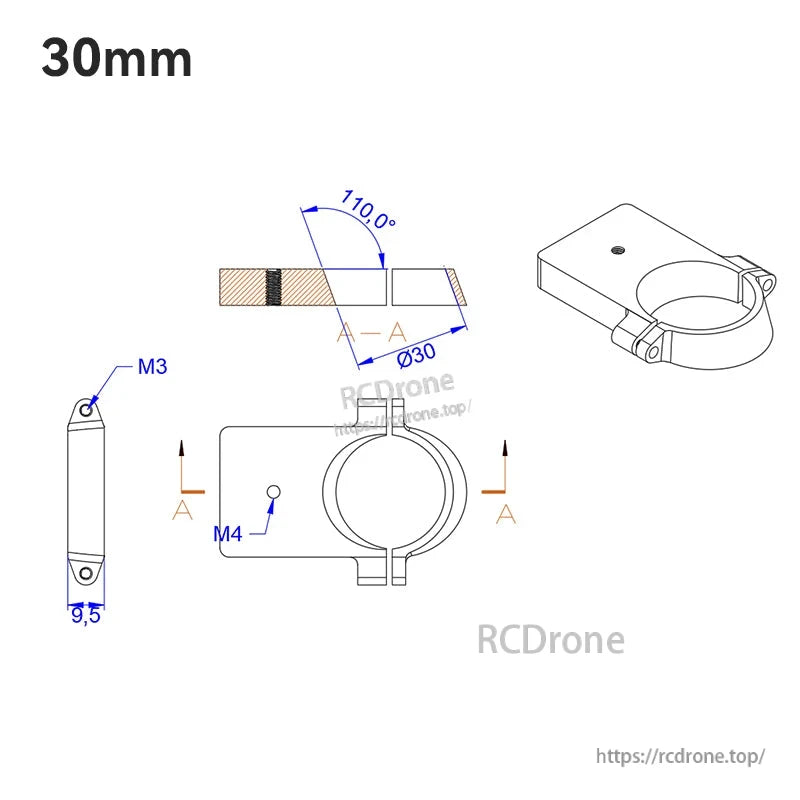Technical drawing of RJX UAV drone tube mount clamp for Ø30 (30mm) tube, with M3 and M4 holes and 9.5mm thickness.