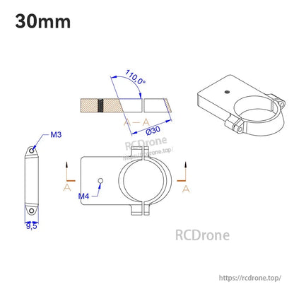 Technical drawing of RJX UAV drone tube mount clamp for Ø30 (30mm) tube, with M3 and M4 holes and 9.5mm thickness.