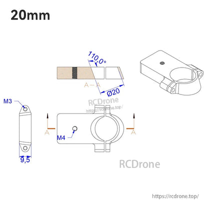 Technical drawing of RJX UAV drone tube mount clamp for 20mm tube, with M3 and M4 mounting hole positions