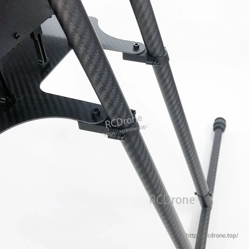 RJX UAV drone tube mount bracket clamped onto carbon fiber landing gear tubes with mounting screws