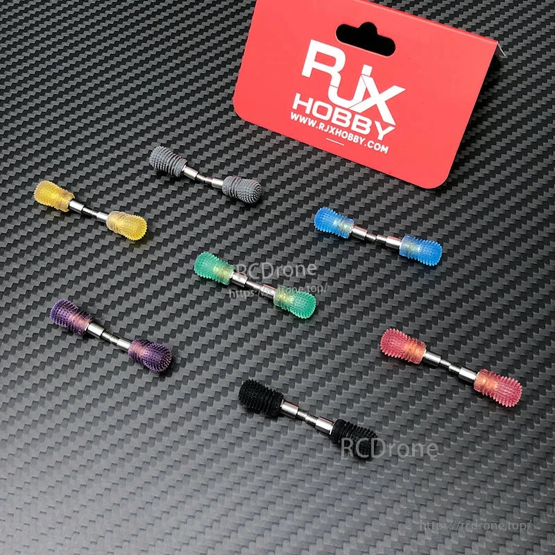 RJX V3 M3L Anti-Slip Gimbal Stick, RJX anti-slip gimbal stick set with textured grips in multiple colors on a carbon-fiber background