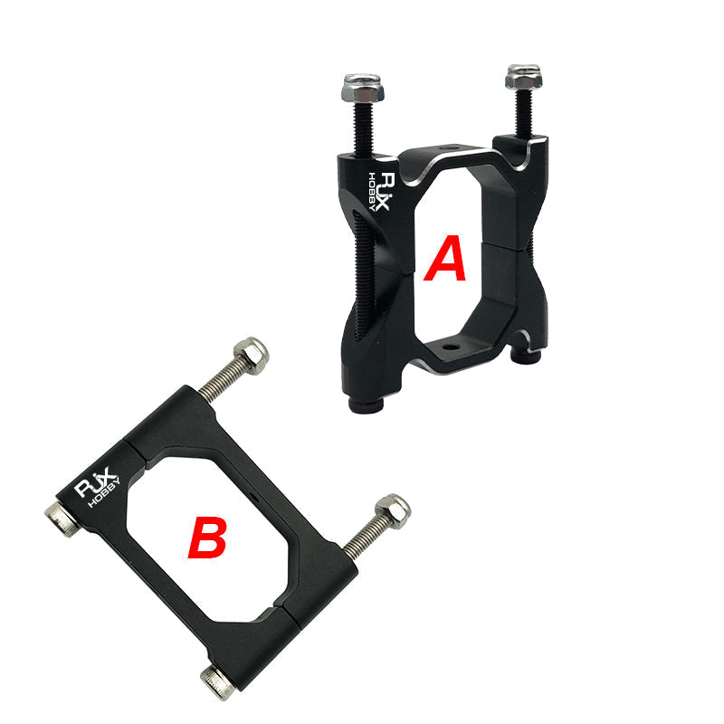 RJX vertical aluminum tube clamp in black with two bolt fasteners and labeled orientation views A and B