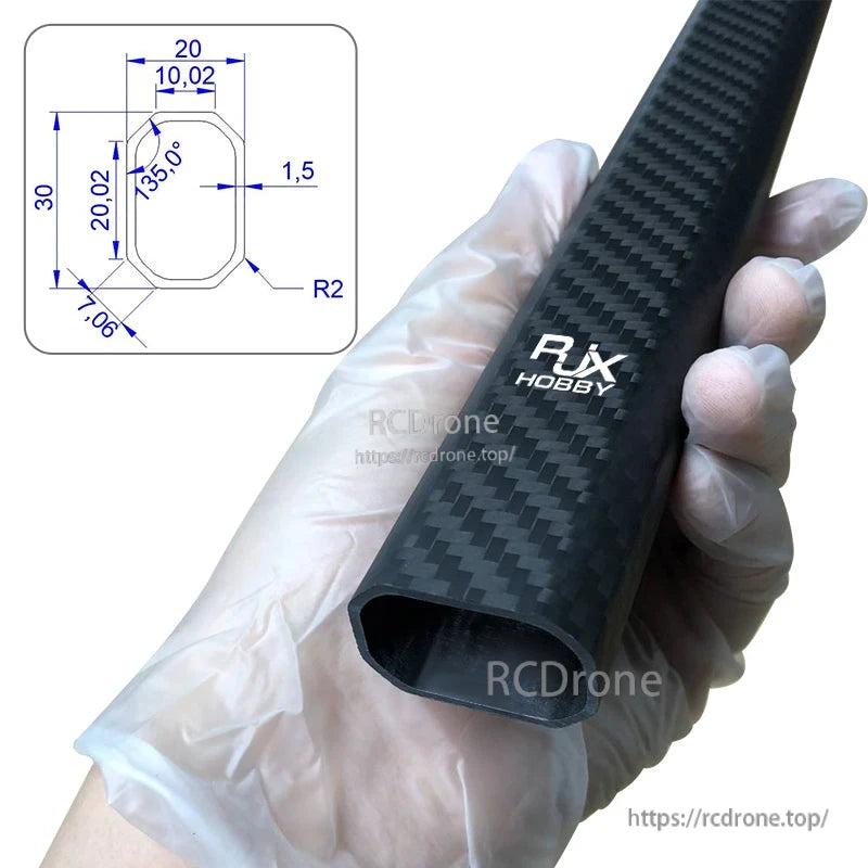 RJX Vertical Aluminum Tube Clamp, RJX Hobby carbon fiber tube with rounded-square profile, with inset dimension drawing for fitment reference