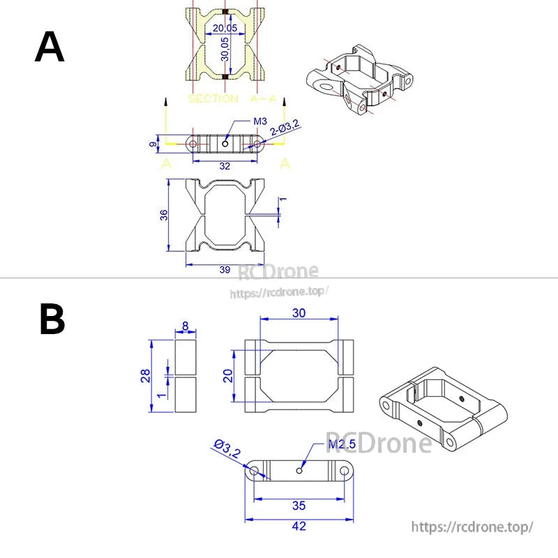 Dimensioned technical drawing of RJX vertical aluminum tube clamp with M3/M2.5 mounting holes and sizes