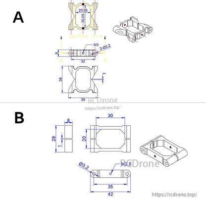 Dimensioned technical drawing of RJX vertical aluminum tube clamp with M3/M2.5 mounting holes and sizes