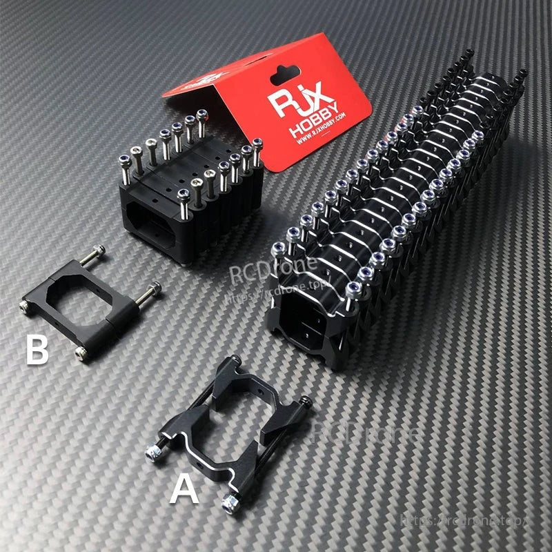 RJX vertical aluminum tube clamps with mounting bolts and lock nuts, shown in two clamp styles (A and B).