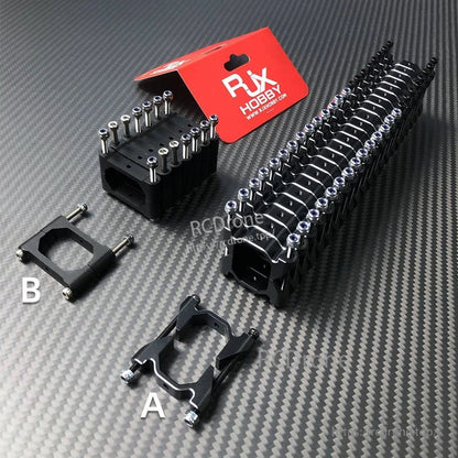 RJX vertical aluminum tube clamps with mounting bolts and lock nuts, shown in two clamp styles (A and B).