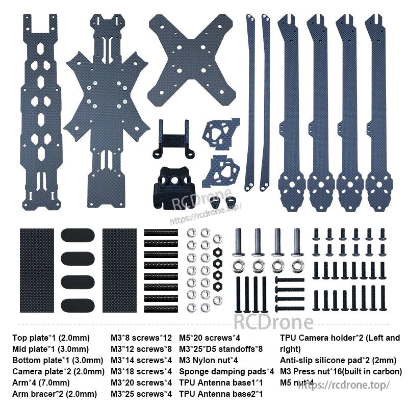 RJX X13 13-inch carbon fiber FPV drone frame kit parts layout with 7mm arms, plates, TPU mounts and screws