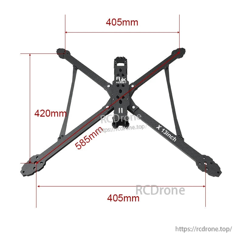 RJX X13 13-inch carbon fiber FPV drone frame top view with X layout and 405mm x 420mm dimensions