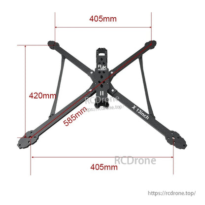 RJX X13 13-inch carbon fiber FPV drone frame top view with X layout and 405mm x 420mm dimensions