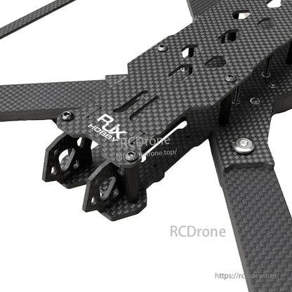 RJX carbon fiber FPV racing drone frame kit close-up with long arms and front camera mounting plates