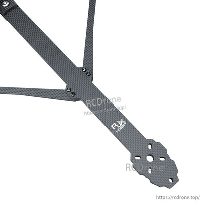 RJX X15 carbon fiber FPV drone frame arm with mounting holes and hardware, showing woven carbon finish