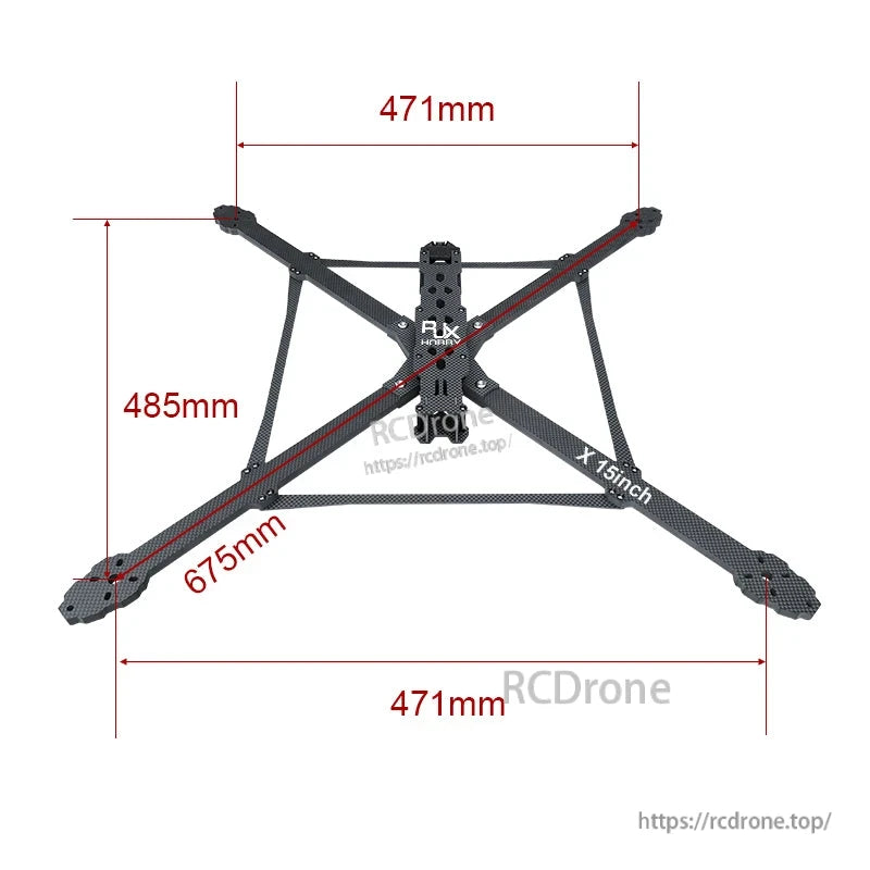 RJX X15 15-inch carbon fiber FPV drone frame top view with X layout and 471mm x 485mm dimensions marked