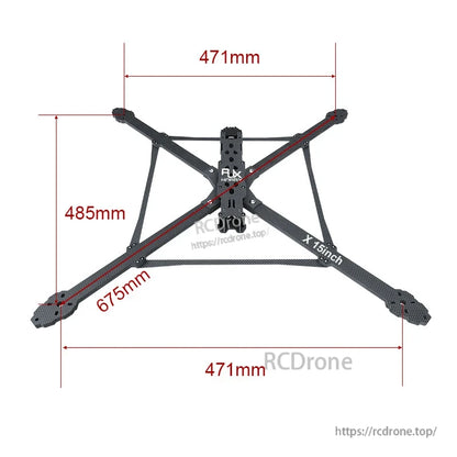 RJX X15 15-inch carbon fiber FPV drone frame top view with X layout and 471mm x 485mm dimensions marked