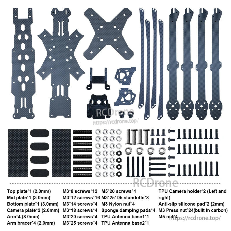 RJX X15 15-inch carbon fiber FPV drone frame kit parts layout with plates, 8mm arms, hardware and TPU mounts