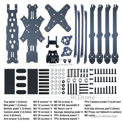 RJX X15 15-inch carbon fiber FPV drone frame kit parts layout with plates, 8mm arms, hardware and TPU mounts