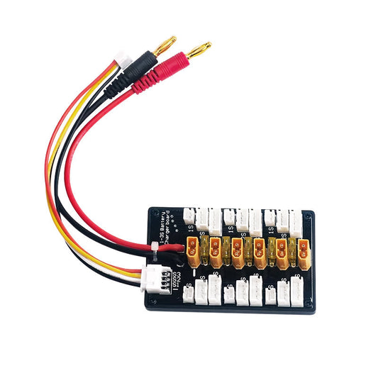 RJX XT30 parallel charging balance board with multiple balance ports and banana plug lead for 1S–3S LiPo packs