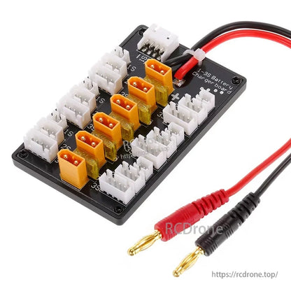 RJX XT30 1S–3S LiPo parallel charging balance board with multiple JST-XH ports and banana plug lead