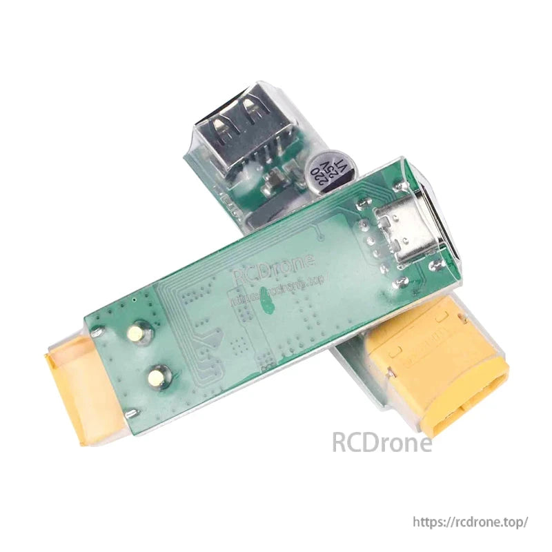 RJX XT60 Plug LiPo to USB Type-C Charger, XT60 LiPo adapter board with USB-C port and USB-A socket on compact green PCB module