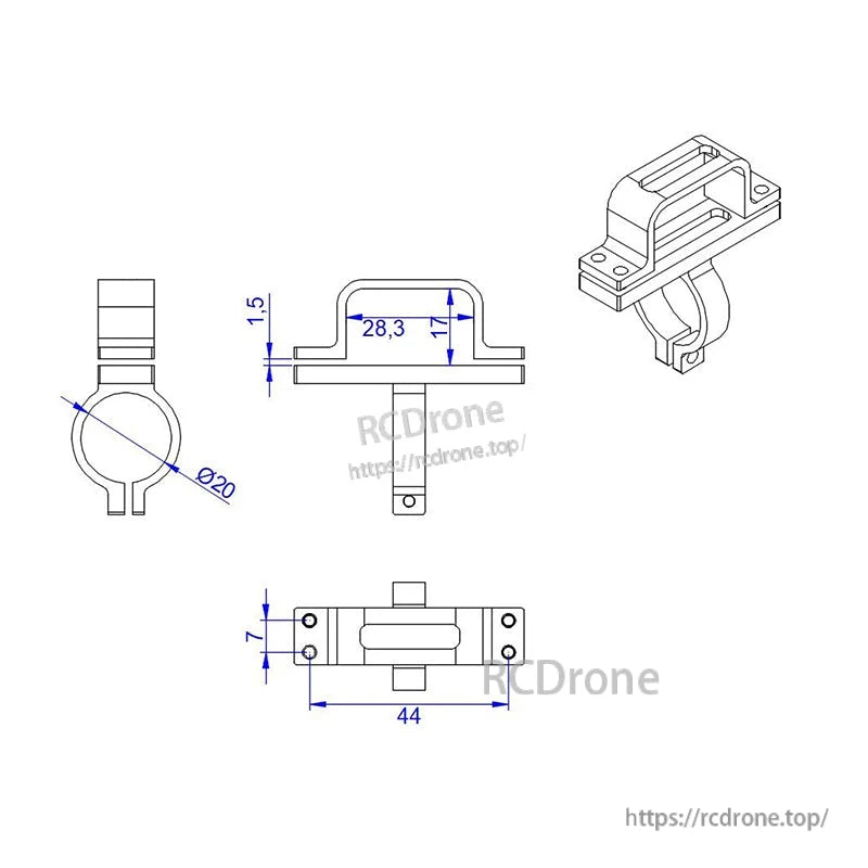 Dimensioned drawing of RJX XT90 plug fixed seat connector mount with Ø20 clamp and 44 mm mounting base