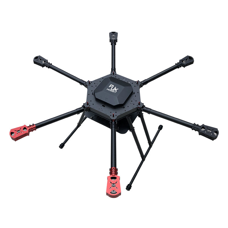 RJX1000 carbon fiber folding hexacopter frame with six arms, central hub plate, landing gear and motor mounts