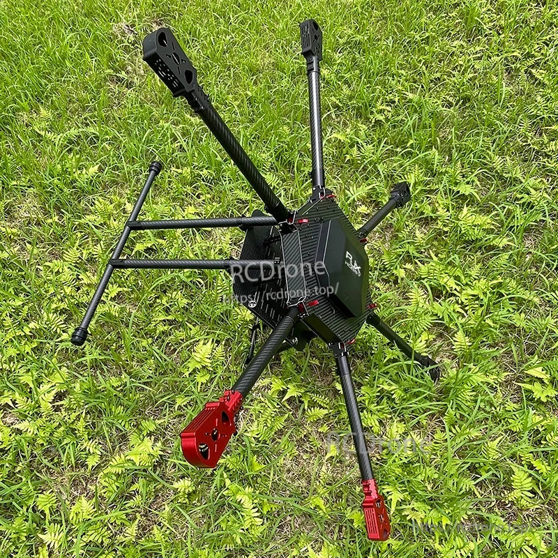 RJX1000 carbon fiber folding hexacopter frame with six arms, landing skids, and red motor mounts