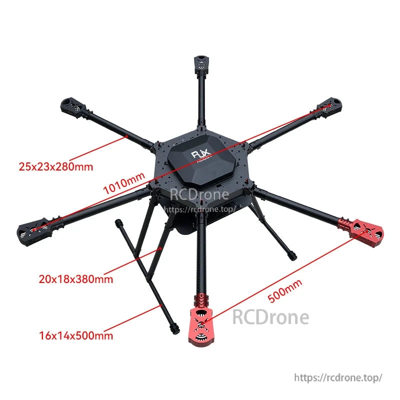 RJX1000 carbon fiber folding hexacopter frame with landing gear, red motor mounts, and 1010mm size callouts