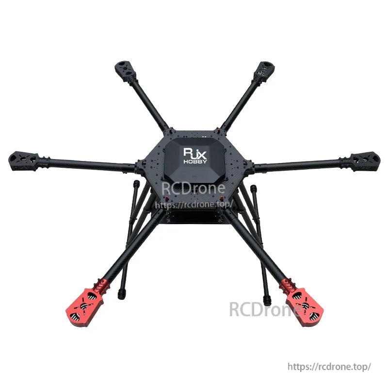 RJX Hobby carbon fiber folding hexacopter frame with six arms, landing gear, and red motor mounts