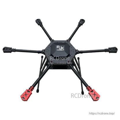 RJX Hobby carbon fiber folding hexacopter frame with six arms, landing gear, and red motor mounts