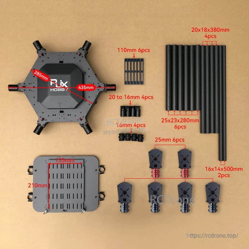 RJX1000 1000mm carbon fiber hexacopter frame kit parts with center plate, tubes, clamps and landing gear mounts