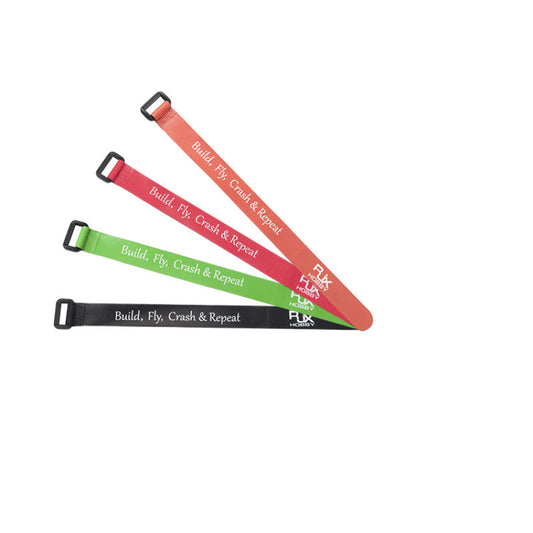 RJXHOBBY Non-Slip Silicone Battery Strap, Set of RJXHOBBY battery straps with buckle ends in orange, red, green, and black, with printed slogan
