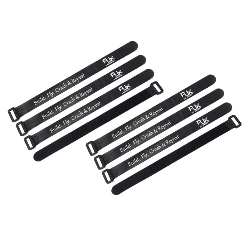 RJXHOBBY Non-Slip Silicone Battery Strap, RJXHOBBY black hook-and-loop battery straps with buckle loops and printed "Build. Fly. Crash & Repeat" text