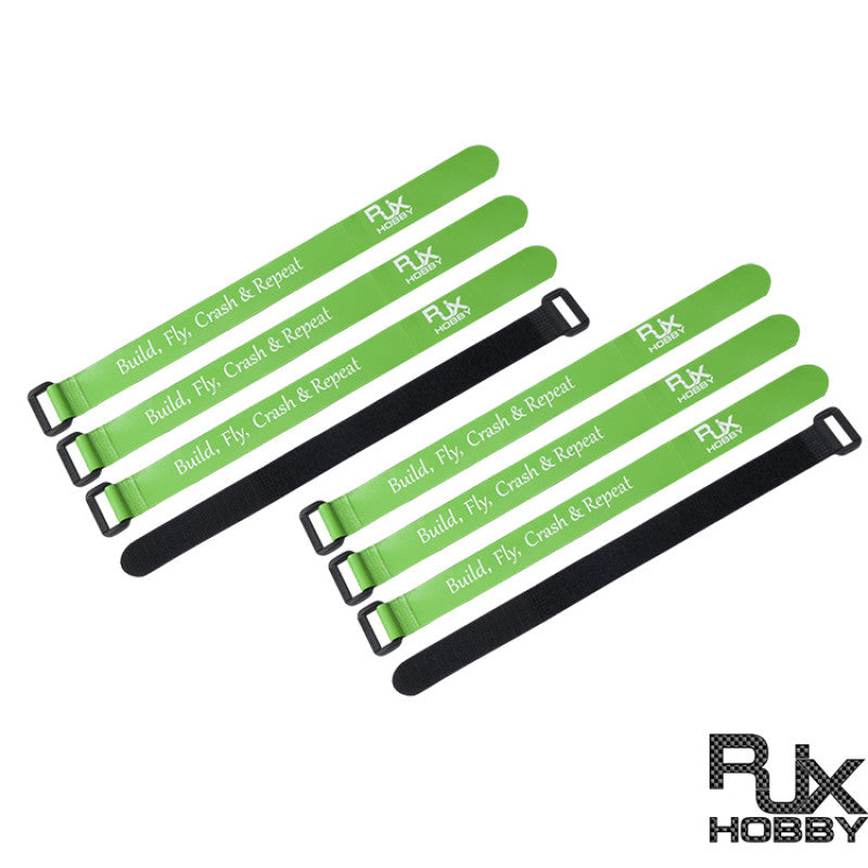 RJXHOBBY Non-Slip Silicone Battery Strap, RJXHOBBY green hook-and-loop silicone battery straps with metal buckles and “Build, Fly, Crash & Repeat” text