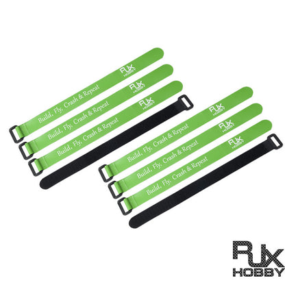 RJXHOBBY Non-Slip Silicone Battery Strap, RJXHOBBY green hook-and-loop silicone battery straps with metal buckles and “Build, Fly, Crash & Repeat” text