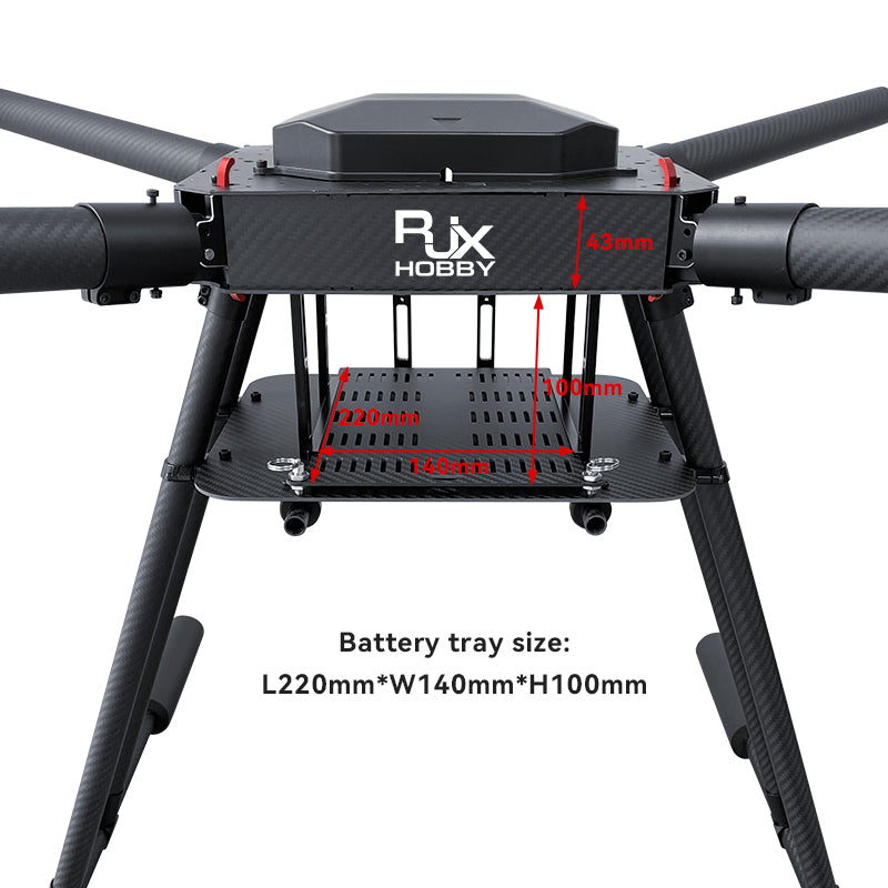 RJX1200B 1200mm folding carbon fiber quadcopter frame with battery tray size 220 x 140 x 100mm marked