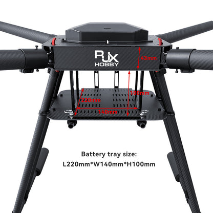 RJX1200B 1200mm folding carbon fiber quadcopter frame with battery tray size 220 x 140 x 100mm marked