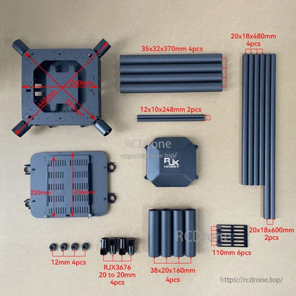 RJX1200B 1200mm carbon fiber quadcopter frame kit with folding center plates, tubes, clamps and hardware